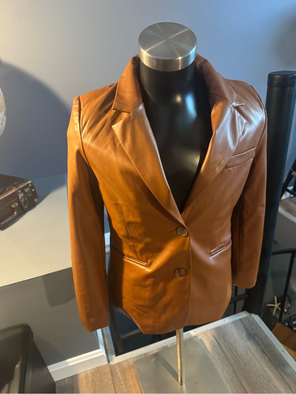 Love Tree Tan Faux Leather Blazer Jacket - Size M